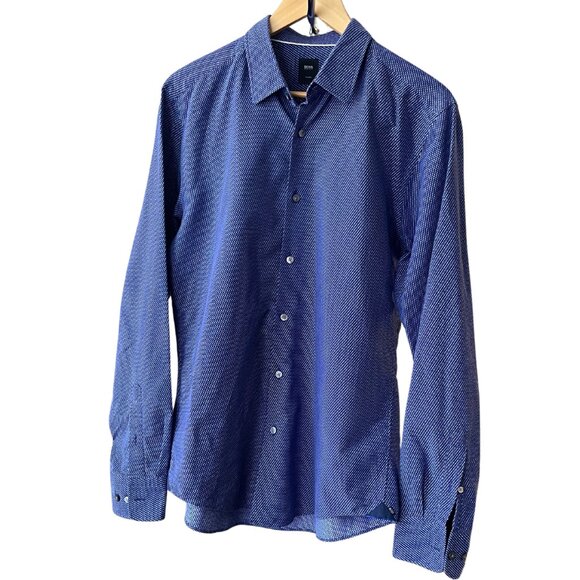 Blue Hugo Boss Men's Geometric-Print Cotton Shirt - Picture 1 of 14
